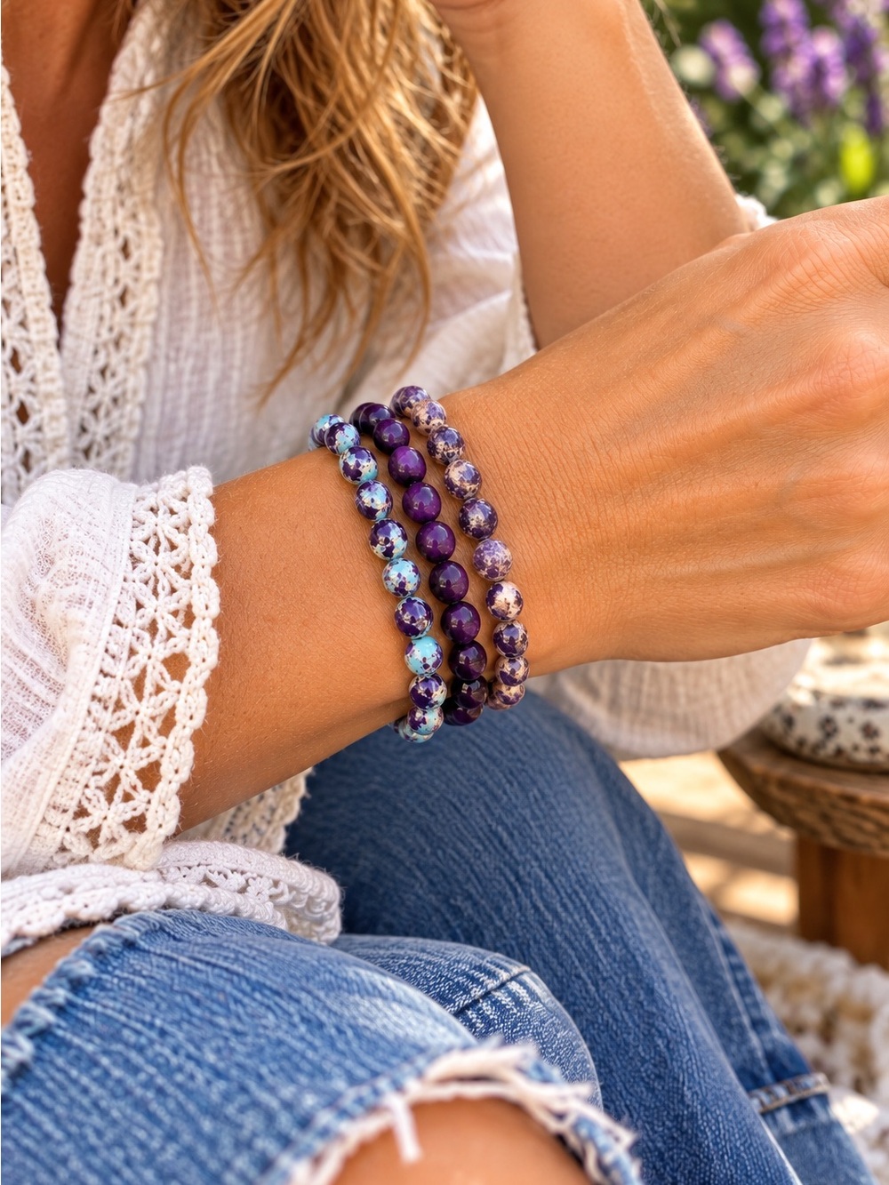 Hand Crafted Purple Gemstone Beaded Stackable Bracelets - Women Jewelry